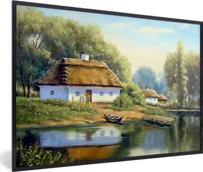 Produktbild von MuchoWow® Gerahmtes Poster Malerei - Haus - Natur - Wasser - Ölfarbe 60x40 cm - Poster mit Schwarzem Bilderrahmen Wandposter Rahmen Foto Bilder - Printing - Wanddeko Schlafzimmer