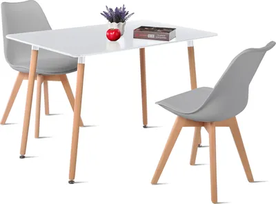 Obrázek produktu pro HJ_WeDoo Jídelní stůl kulatý bílý se 2 jídelními židlemi šedý, skandinávský jídelní set 110x70x74cm do kuchyně, kanceláře, konferenční místnosti