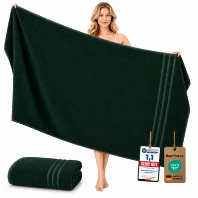 Produktbild von Komfortec Badetuch 100x200 cm aus 100% Baumwolle, Saunatuch XXL, Weich, Groß, Frottee, Schnelltrocknend, Dunkelgrün, KI-generiertes Bild