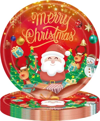 Produktbild von 40 Stück Weihnachtliche Pappteller – Einwegteller mit Motiven von Santa Claus, Rentieren und Schneemännern für Festlichkeiten