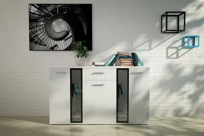 Produktbild von Kommode SALVO Weiß – Sideboard mit 3 Türen und 2 Schubladen – Wohnzimmerschrank für Wohnzimmer, Esszimmer und Flur