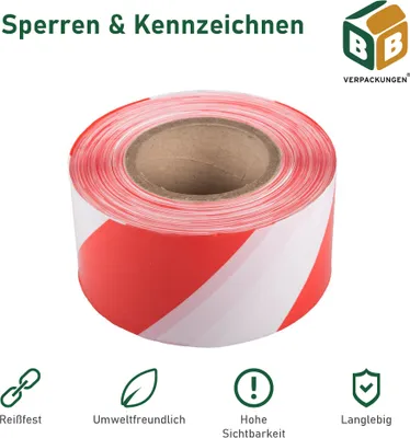 Produktbild von 18 x Absperrband (75 mm x 500 m) rot/weiß sehr reißfest hohe Sichtbarkeit beidseitig geblockt Flatterband Warnband Baustellenabsperrung BB-Verpackungen