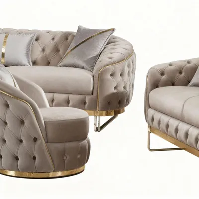 Produktbild von Sofa -Set MIRA mit Knopfheftung in 5 edlen Farbvarianten 3-Sitzer + 3-Sitzer + Sessel Farbe: Beige