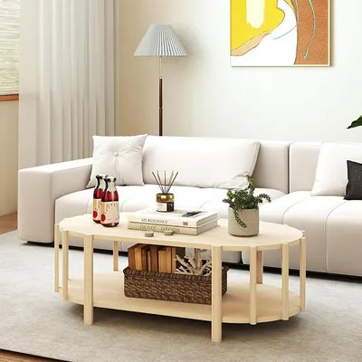 Imagen del producto de Mesa de centro, diseño moderno multifuncional ovalada, mesa de centro con espacio de almacenamiento, madera, mesa auxiliar, 119 x 60 x 40 cm, color natural de madera