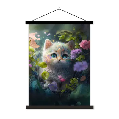 Produktbild von MuchoWow® Textilposter Kätzchen - Blumen - Wald - Illustration - Katze 90x120 cm mit schwarzem Rahmen - Dekoration