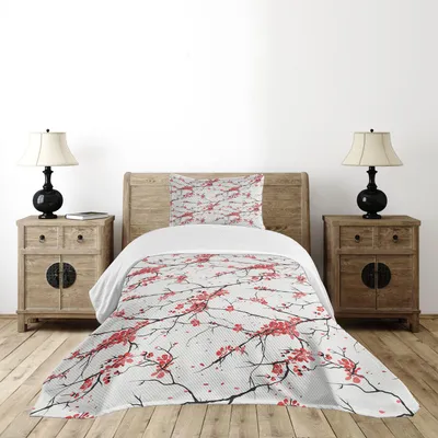 Produktbild von ABAKUHAUS Natur Tagesdecke Set, Illustration Von Sakura Windy April Wetter In Der Japanen Malerei Art Kunst, 170 x 220 cm, Coral Schwarz
