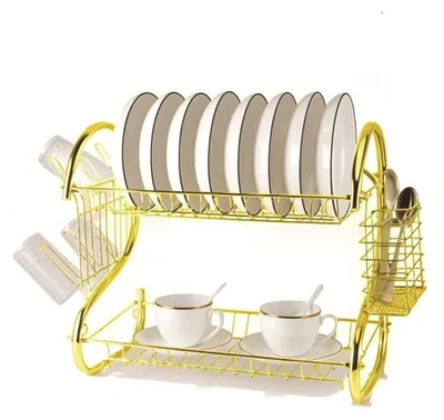 Image de egouttoir à 2 niveaux en or avec panier à couverts & égouttoir