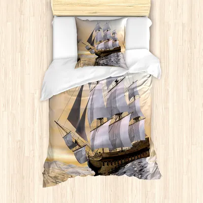 Produktbild von ABAKUHAUS maritim Mantele, Schiff auf Ozean, Milbensicher Allergiker geeignet mit Kissenbezügen, 135 cm x 200 cm - 80 x 80 cm, Mehrfarbig