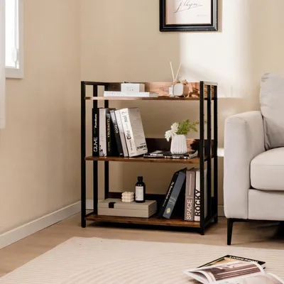 Produktbild von Bücherregal mit 3 Ebenen, Standregal mit Metallrahmen, verstellbarer Regalboden, 70 x 35 x 80 cm, Vintage Braun