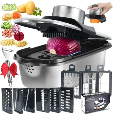 Obrázek produktu pro Nůž na zeleninu 9 v 1 - Nerezová ocel - Nádoba 2 litry - Ochrana rukou - Multifunkční - Odolný a efektivní - Kuchyňský robot