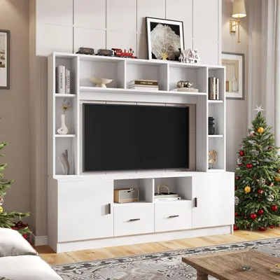 Immagine prodotto di Set di pensili TV Merax con 2 armadi e 2 cassetti, moderno set di lavagne TV con 11 scomparti, mobili TV da soggiorno per TV 60 pollici, bianco