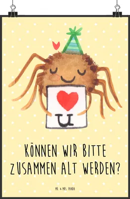 Produktbild von Mr. & Mrs. Panda Bild Spinne Agathe Brief DIN A4 - Gelb Pastell - Geschenk, wanddeko, Plakat, drucke, Liebesbeweis, Treuetest, Heiratsantrag, Liebespaar, Wandbild