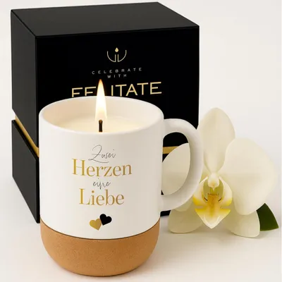 Immagine prodotto di Candela profumata 2-in-1, all'interno di una tazza, con la scritta "Due cuori, un amore", idea regalo per coppie, adatta per matrimoni e San Valentino