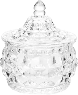 A clear, studio shot of a glass jar with a lid.