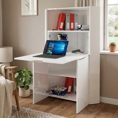 Produktbild von Schreibtisch Gianmaria, Mehrzweckmöbel mit Regalen und Arbeitsplatte, Mehrzweck-Bürotisch, platzsparender Mehrpositionsschreibtisch, 100 % Italy, cm 70x57h140, glänzendes Weiß
