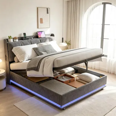Image de INONEFT : Lit boxspring 140x190 avec éclairage LED et ports USB, lit avec sommier à lattes, espace de rangement hydraulique, tête de lit, lit double pour adolescents, revêtement en velours, couleur gris