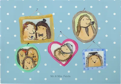 Produktbild von Mr. & Mrs. Panda Servierplatte Igel Familie - Blau Pastell - Geschenk, Papa, Brotzeitplatte, Bilder, Hackbrett, Muttertag, Vesperplatte, Frühstücksbrett, Schneidebrett