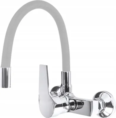 A chrome faucet with a flexible gray hose against a white background.