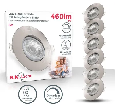 Immagine prodotto di B.K.Licht Faretti LED da incasso ultrapiatti orientabili e dimmerabili, LED integrati 5W, foro Ø68mm, luce calda, 460Lm, set di 6 faretti da soffitto rotondi, plastica color nichel opaco 230V IP23