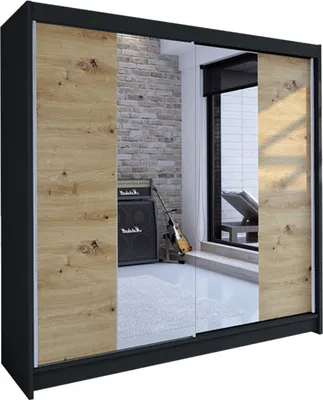 Produktbild von MIRJAN24 Schiebetürenschrank Talin II, Stilvoll Schlafzimmer Kleiderschrank (Farbe: Schwarz / Artisan Eiche + Spiegel)