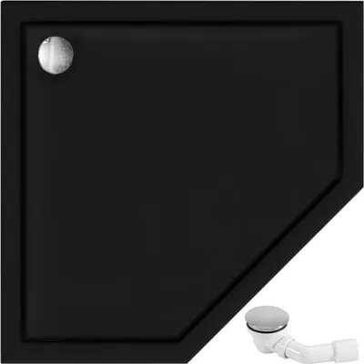 A black shower tray with a silver drain cover and a white drain pipe.