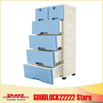 Immagine prodotto di Comò in plastica - Cassettiera - 5 ripiani - 6 cassetti - Con rotelle - 50×35×102 cm - Blu
