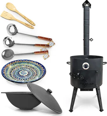 Produktbild von Utschak Feuerofen Gusseisen Topf flacher Boden mit Deckel (12 L) KazanoFF, Учаг, Kazan Deckel,Kessel,Holzlöffel,Schöpfkelle,Schaumlöffel,Abdecktasche
