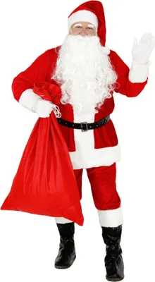 A person dressed as Santa Claus holding a red gift bag.