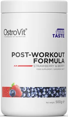 A white cylindrical container of OstroVit Post-Workout Formula, Strawberry & Berry flavor.