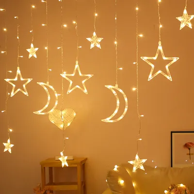Produktbild von LED Stern Mond Lichtervorhang 3m Warmweiß Lichterkette 8 Beleuchtungsmodi Weihnachten Party Garten Deko