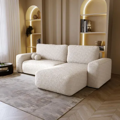 Image de BESILIO Canapé d'angle droit convertible Ornello L - coussins ronds, fonction sommeil, chaise longue Boucle - Beige