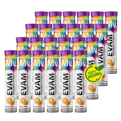 Produktbild von Multivitamin Brausetabletten, 24er Set Orange, Kombination aus 10 Vitamine, 100% NRV, Energie & Immunsystem, vegan – EVÄM