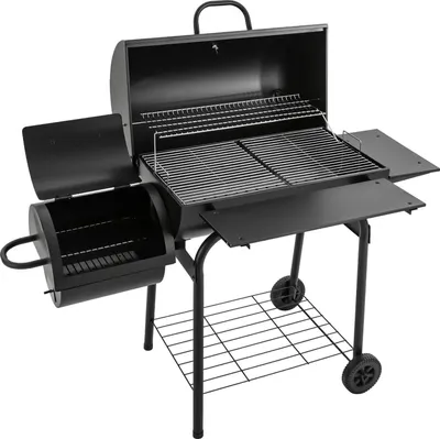 Obrázek produktu pro Venkovní gril na dřevěné uhlí – grilovací vozík BBQ – s víkem – palivo: dřevěné uhlí – chromovaný rošt 39 × 34 cm – 147 × 70 × 126 cm – černý