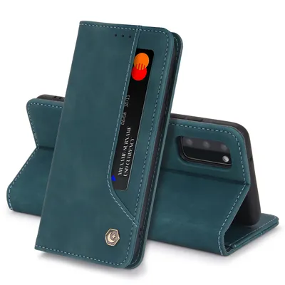 A teal-colored flip case for a smartphone is shown open, displaying a card slot with a credit card inside.
