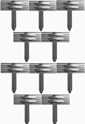 A set of ten metal ground anchors arranged in a pyramid formation against a white background.