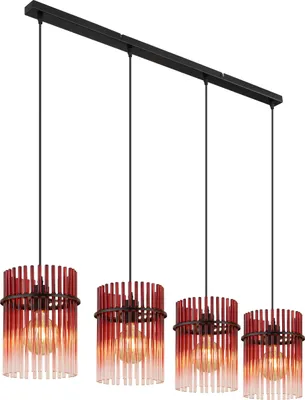 Produktbild von Globo Lighting Hängeleuchte Metall schwarz matt, Glasstäbe brombeerfarben, rot, klar verlaufend, Kabel PVC schwarz, Höhe kürzbar, LxBxH: 1100x200x1400mm, exkl. 4x E27 60W 230V