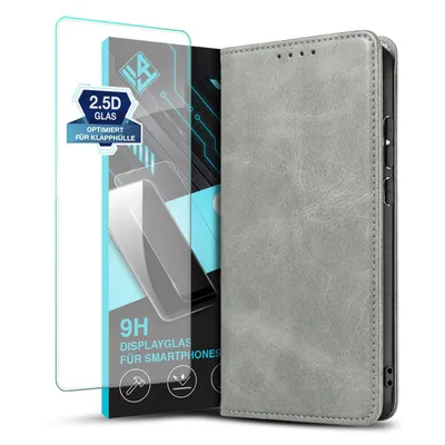 Produktbild von Handyhülle für Samsung Galaxy S23 mit 9H Displayglas Kunstleder Flip Cover Hülle Handytasche Case Kartenfach Farbe: Grau