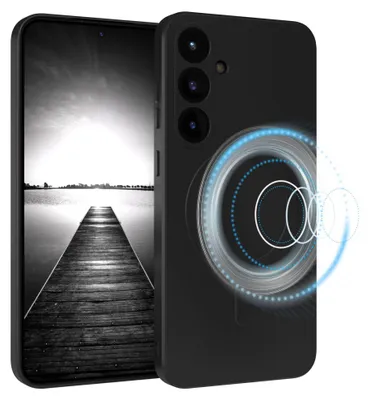 A black smartphone case with a magnetic charging ring design is shown against a white background. The phone screen displays a black and white image of a pier leading into a body of water.