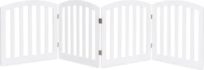 A white, four-panel folding pet gate is shown against a white background.