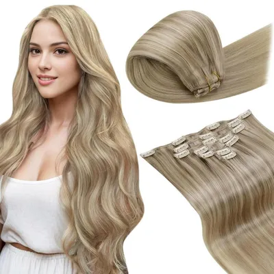 Image de Extensions à clipser, cheveux naturels blonds, 60 cm, 135 g, qualité Remy, lisses, 7 pièces, couleur #P16/22