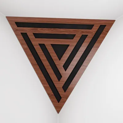 Produktbild von 2er-Pack – Deckenecken-Bassfalle "Triangle-F" | Pyramidenförmiger Akustikschaum mit laminierter HDF-Platte und Stoff [SCIFI -Nussbaum|Schwarz]