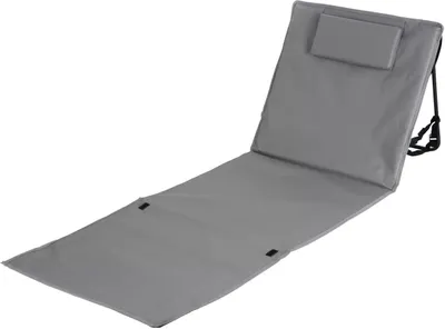 A gray foldable beach mat with a headrest is shown laid out on a white background.