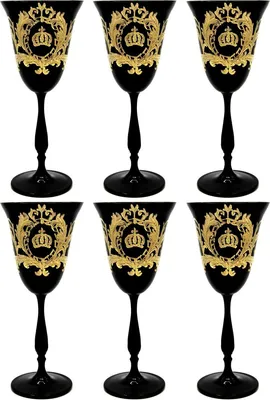 Produktbild von Pompöös by Casa Padrino Luxus Weißweinglas Set Schwarz / Gold Ø 8,7 x H. 20,3 cm - Weißweingläser mit 24 Karat Vergoldung - Pompööse Weingläser designed by Harald Glööckler