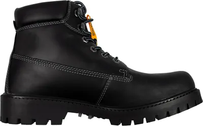A black leather boot is shown in profile against a white background.
