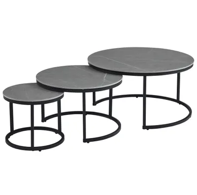 Produktbild von Casa Dolce MEANA Satztisch, Grau, 3er-Set, Ø 80x42 - 60x38 - 40x34 cm, Keramiktischplatte, Marmormuster, Metallfüße