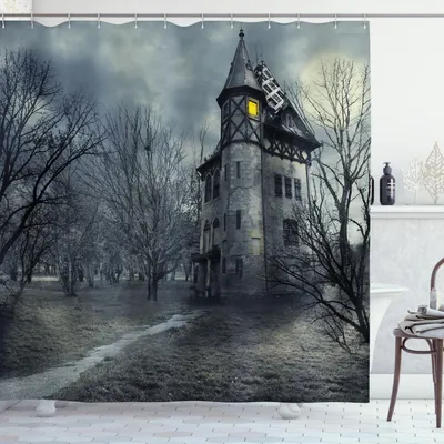 Image de Rideau de douche ABAKUHAUS Halloween, motif Halloween avec maison hantée gothique, ciel sombre et arbres sans feuilles, thème fantôme, 175 x 220 cm, bleu sarcelle