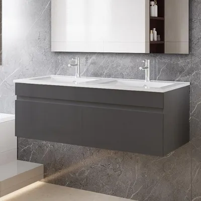 Produktbild von 120cm Dünn Keramik Waschtisch mit Unterschrank Badmöbel Set mit Türs Soft-close - Hochglanz Anthrazit