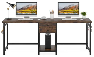Image de Bureau pour 2 personnes - Bureau double pour ordinateur / Bureau gaming - 200 x 60 cm - 2 tiroirs et étagères - Bureau pour ordinateur de bureau - Marron