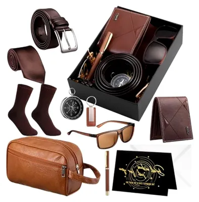 Produktbild von 12-teiliges Herren-Geburtstags-Geschenk-Set mit Box für Männer, Geschenkkorb, Kunstleder, Geldbörse, Leder, Kulturbeutel, Krawatte, Socken, Gürtel, Schlüsselanhänger, Sonnenbrille, Stift