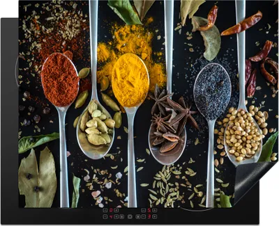 Produktbild von KitchenYeah© Herdabdeckplatte Kräuter in Löffeln auf einem Hintergrund mit Kräutern , 65x52cm, Küche Deko, Glaskeramikkochfeld Herdabdeckung, Abdeckplatte fùr Kochfeld